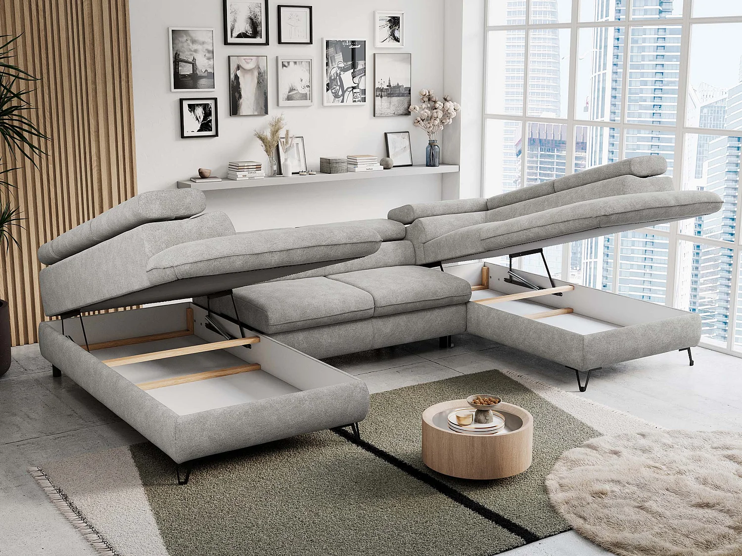 Ecksofa PETER U - schlaffunktion und Bettkästen, verstellbare Kopfstützen - Hellgrau Stukture