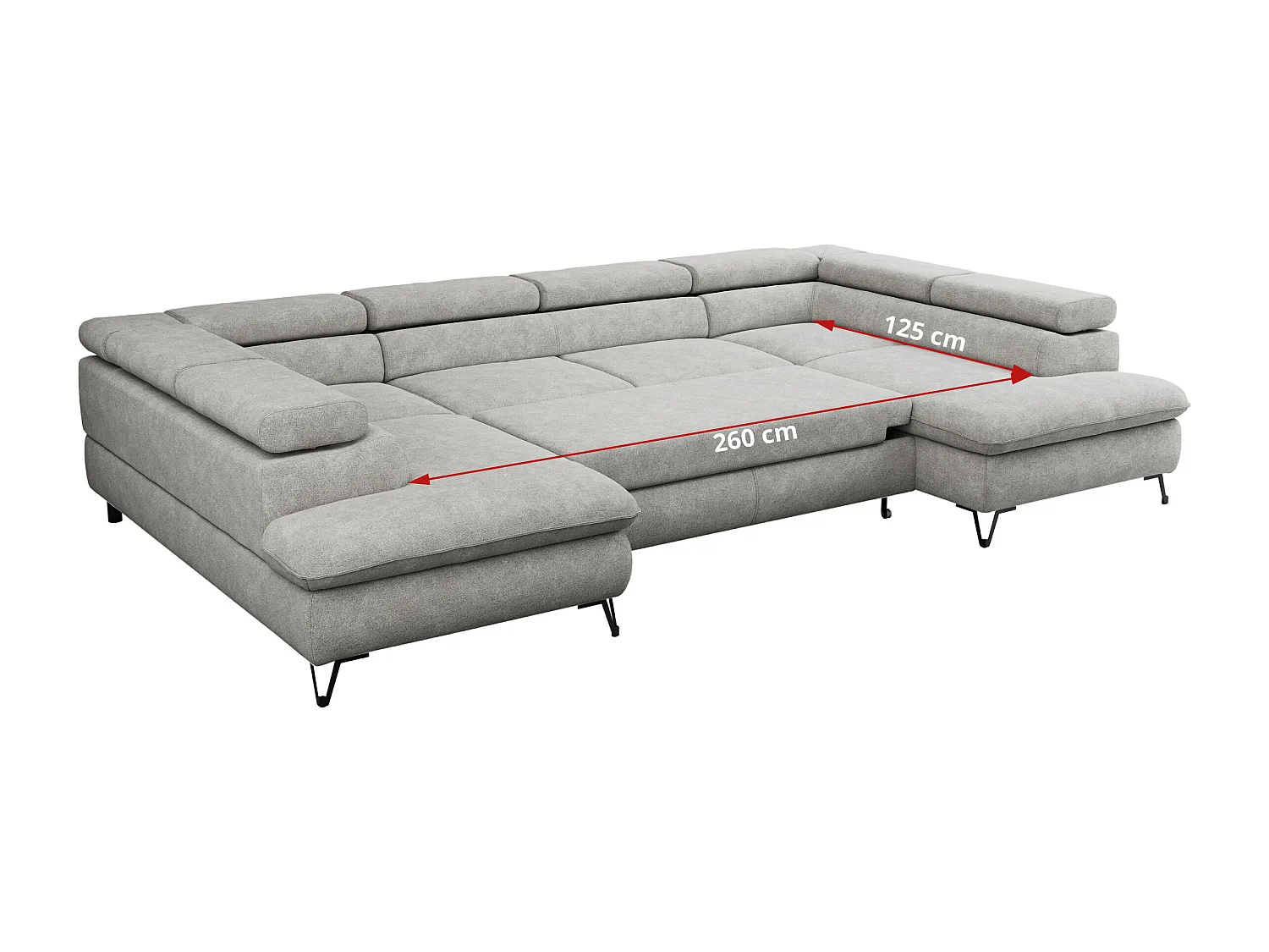 Ecksofa PETER U - schlaffunktion und Bettkästen, verstellbare Kopfstützen - Hellgrau Stukture