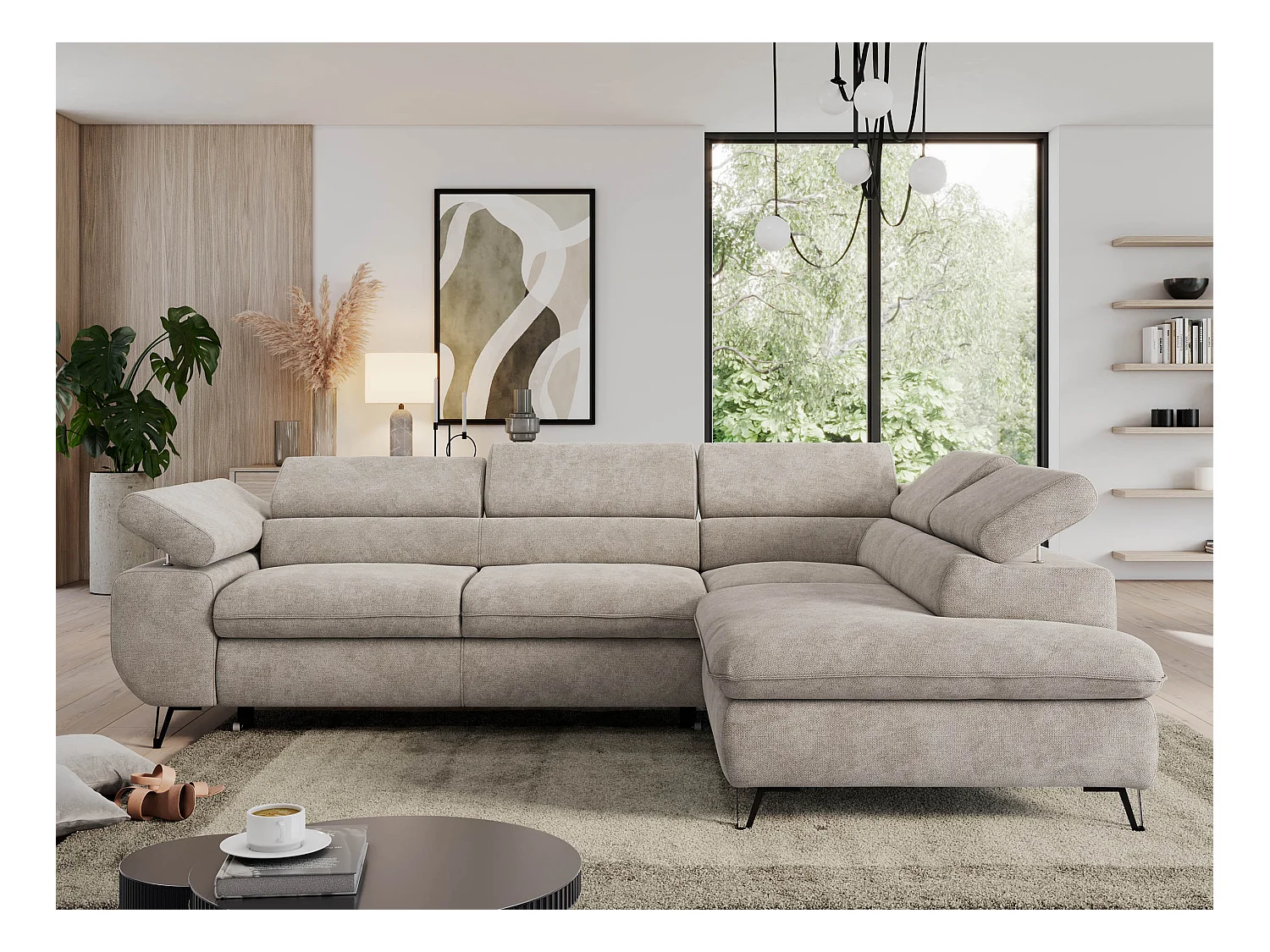 Ecksofa PEDRO - L-Form mit Schlaffunktion 200x125 cm, verstellbaren Kopfstützen - Beige Stukture - Ecke Rechts