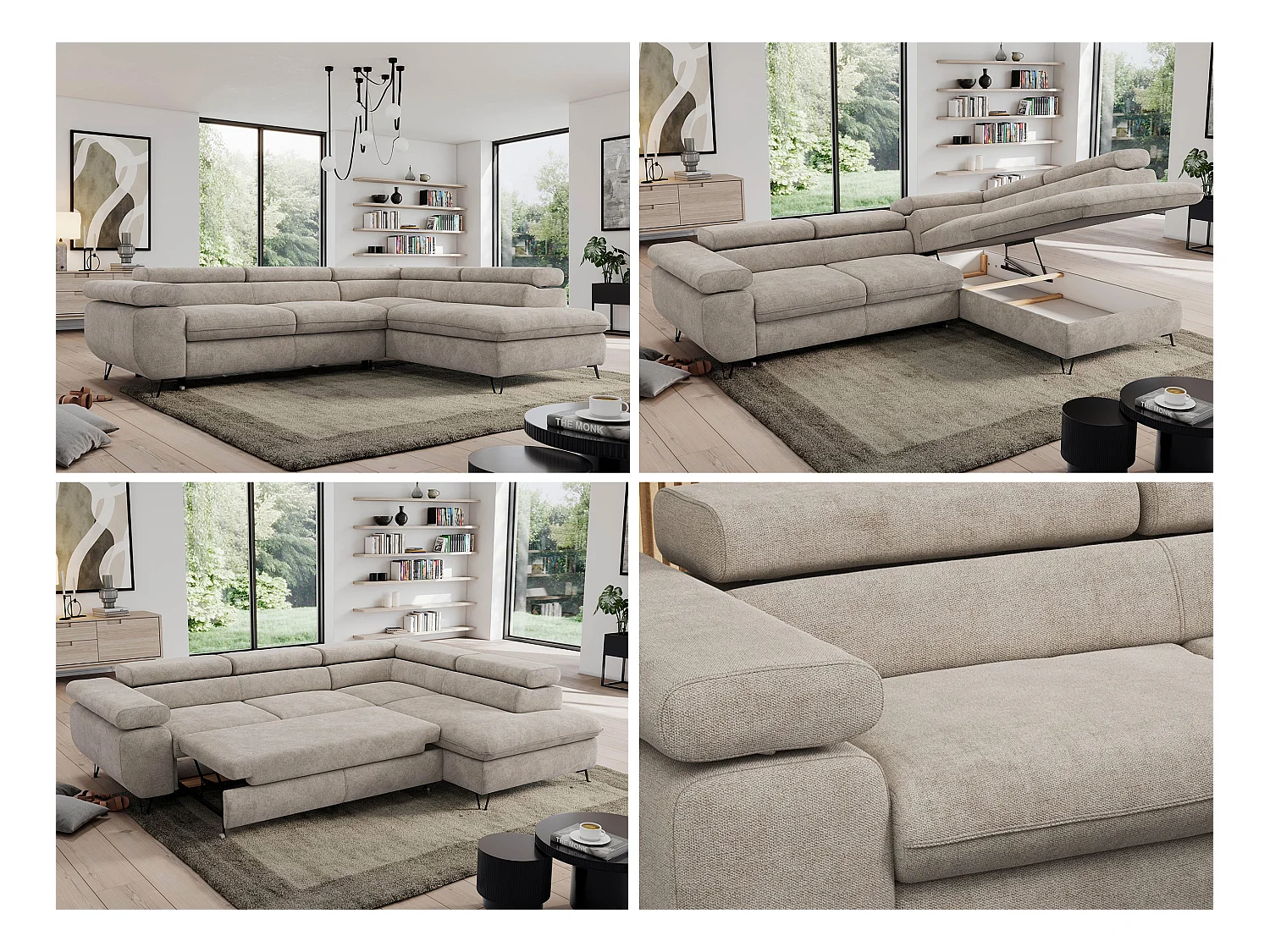 Ecksofa PEDRO - L-Form mit Schlaffunktion 200x125 cm, verstellbaren Kopfstützen - Beige Stukture - Ecke Rechts