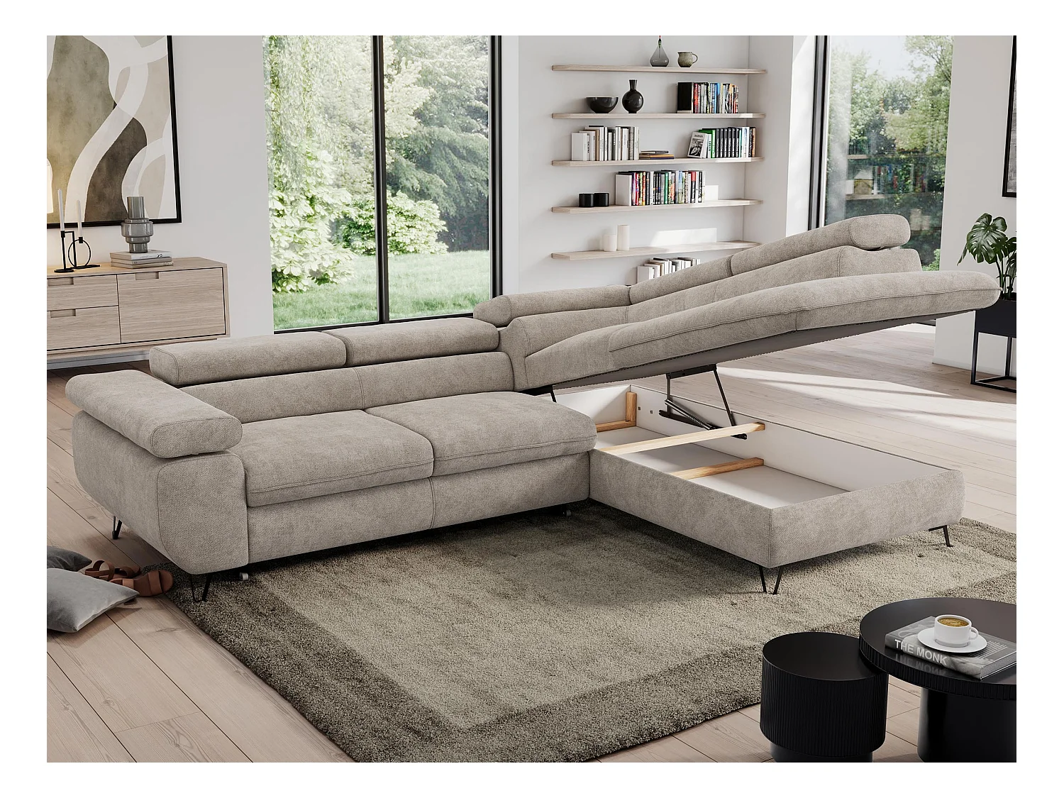Ecksofa PEDRO - L-Form mit Schlaffunktion 200x125 cm, verstellbaren Kopfstützen - Beige Stukture - Ecke Rechts