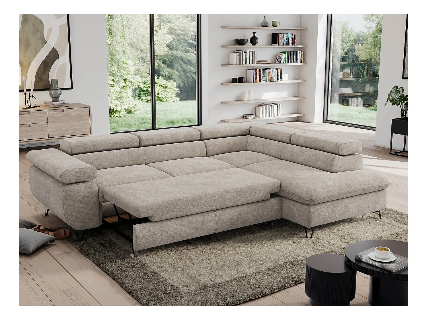 Ecksofa PEDRO - L-Form mit Schlaffunktion 200x125 cm, verstellbaren Kopfstützen - Beige Stukture - Ecke Rechts