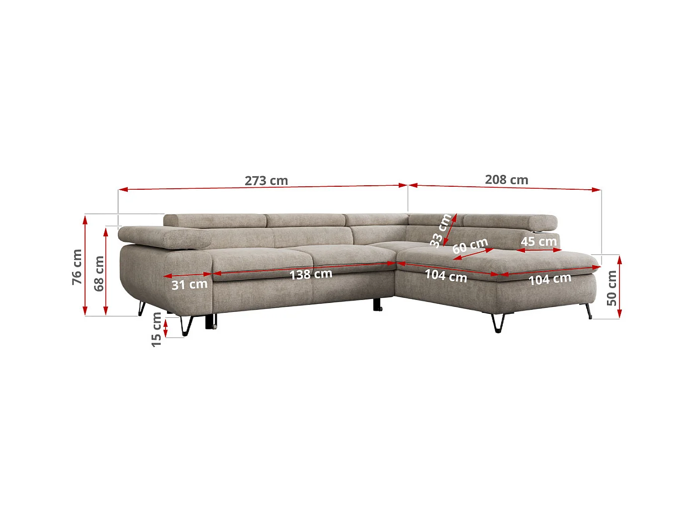 Ecksofa PEDRO - L-Form mit Schlaffunktion 200x125 cm, verstellbaren Kopfstützen - Beige Stukture - Ecke Rechts