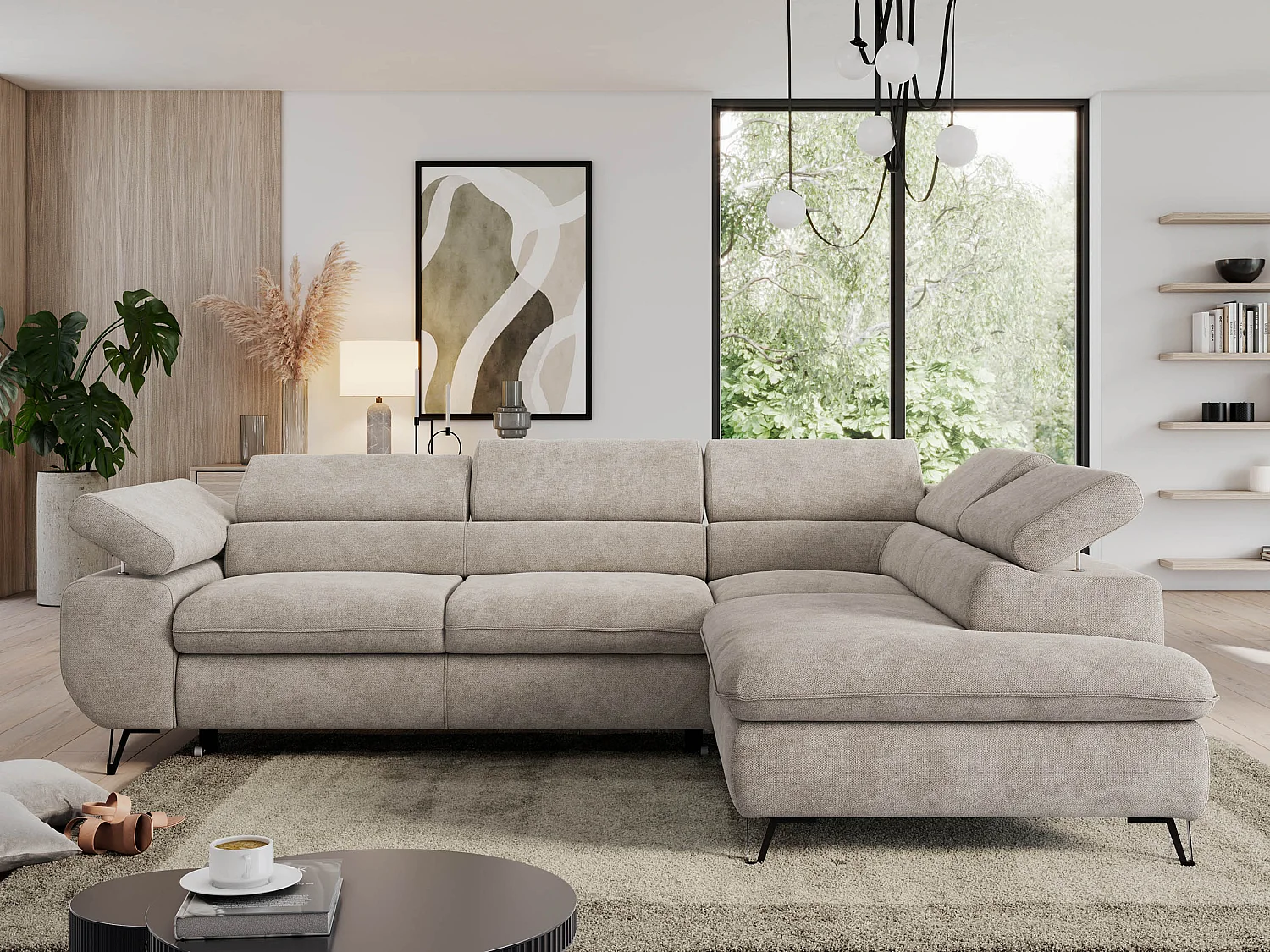 Ecksofa PEDRO - L-Form mit Schlaffunktion 200x125 cm, verstellbaren Kopfstützen - Beige Stukture - Ecke Rechts