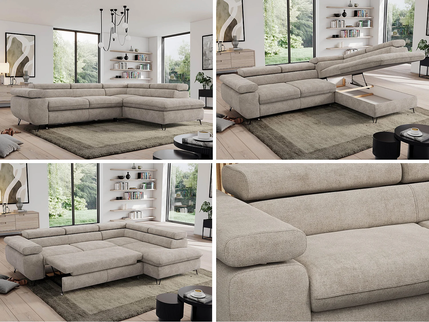 Ecksofa PEDRO - L-Form mit Schlaffunktion 200x125 cm, verstellbaren Kopfstützen - Beige Stukture - Ecke Rechts