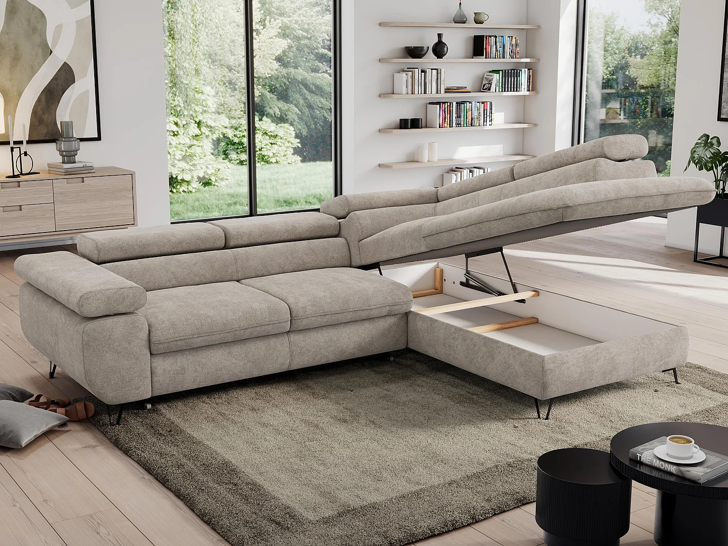 Ecksofa PEDRO - L-Form mit Schlaffunktion 200x125 cm, verstellbaren Kopfstützen - Beige Stukture - Ecke Rechts