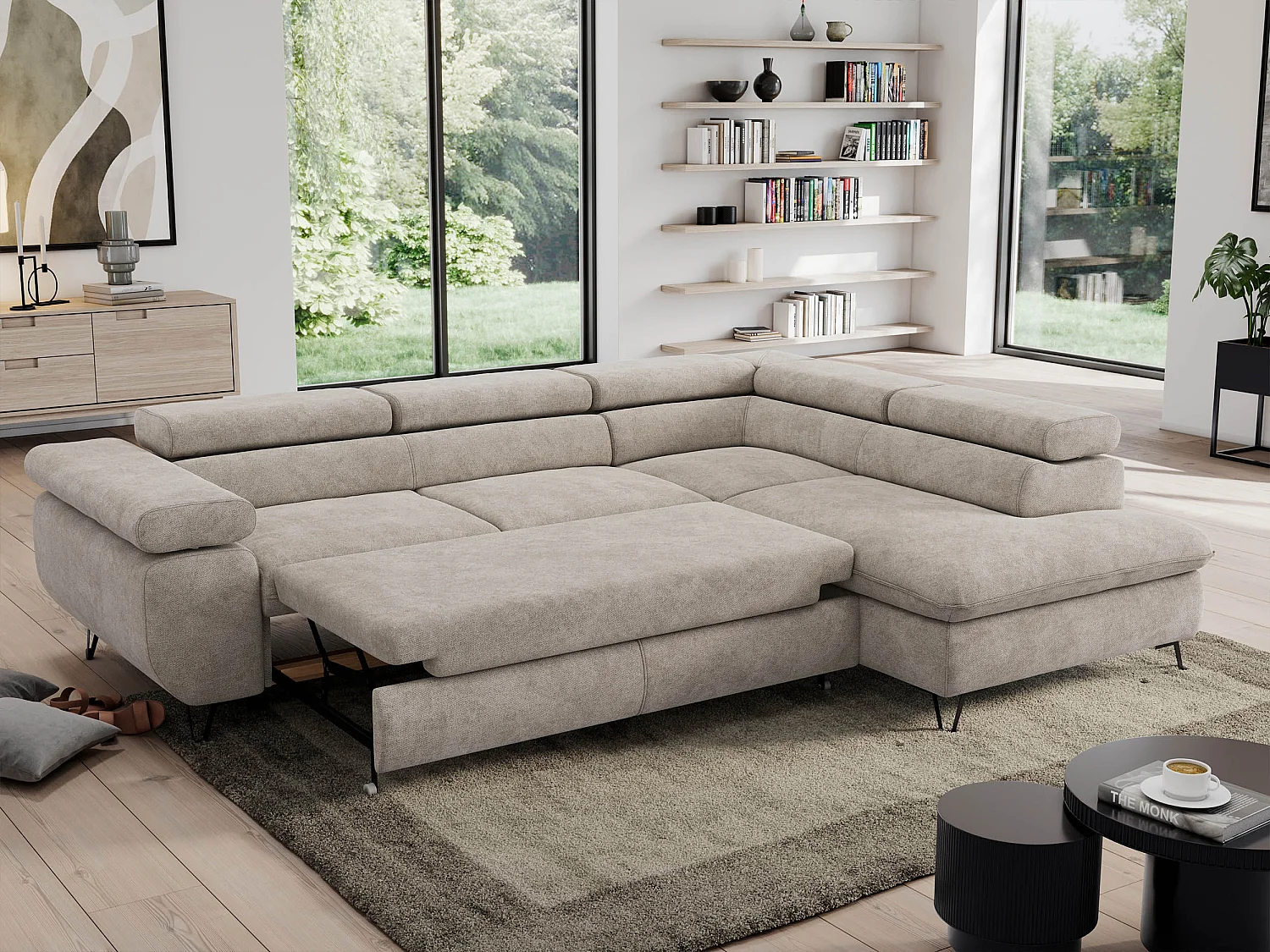 Ecksofa PEDRO - L-Form mit Schlaffunktion 200x125 cm, verstellbaren Kopfstützen - Beige Stukture - Ecke Rechts