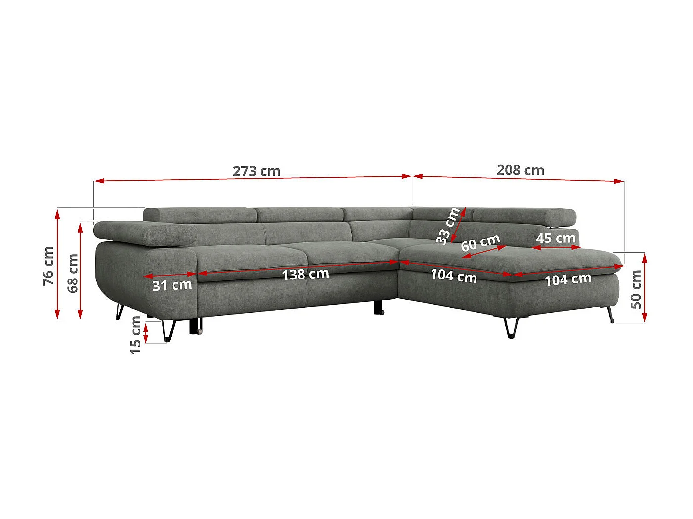 Ecksofa PEDRO - L-Form mit Schlaffunktion 200x125 cm, verstellbaren Kopfstützen - Grau Stukture - Ecke Links