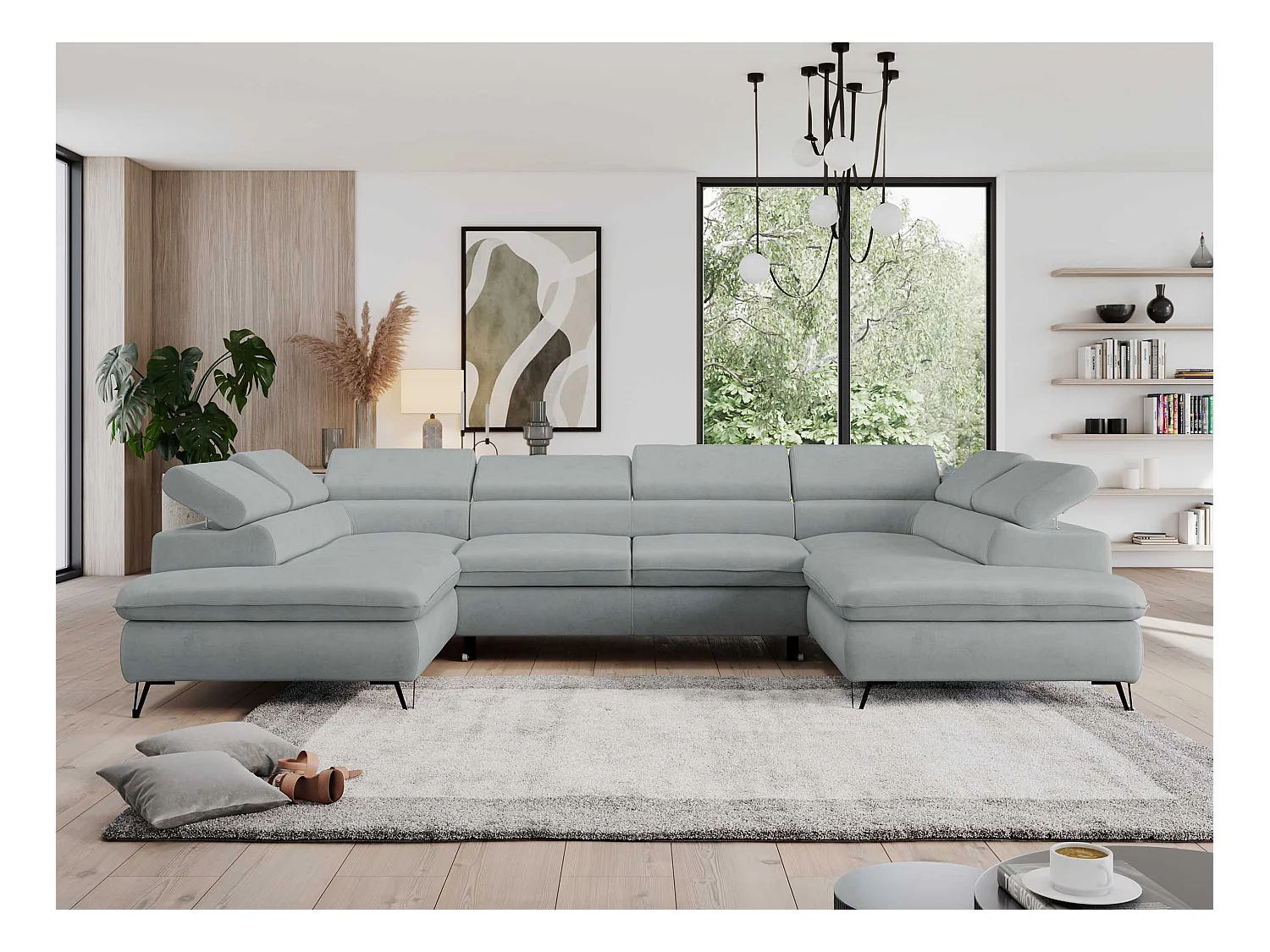 Ecksofa PEDRO U - XXL U-förmige Ecke, schlaffunktion und Bettkästen - Hellgrau Velvet