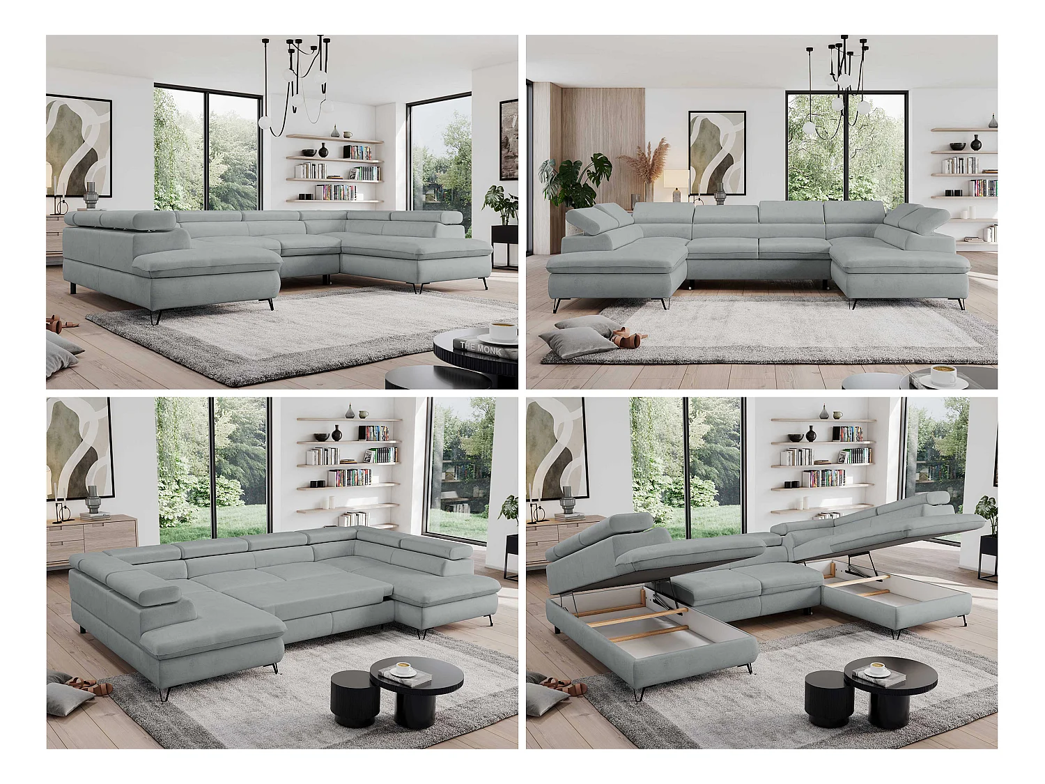 Ecksofa PEDRO U - XXL U-förmige Ecke, schlaffunktion und Bettkästen - Hellgrau Velvet