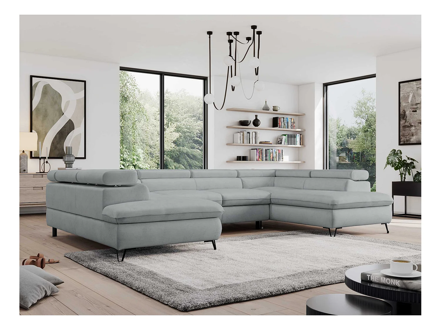 Ecksofa PEDRO U - XXL U-förmige Ecke, schlaffunktion und Bettkästen - Hellgrau Velvet