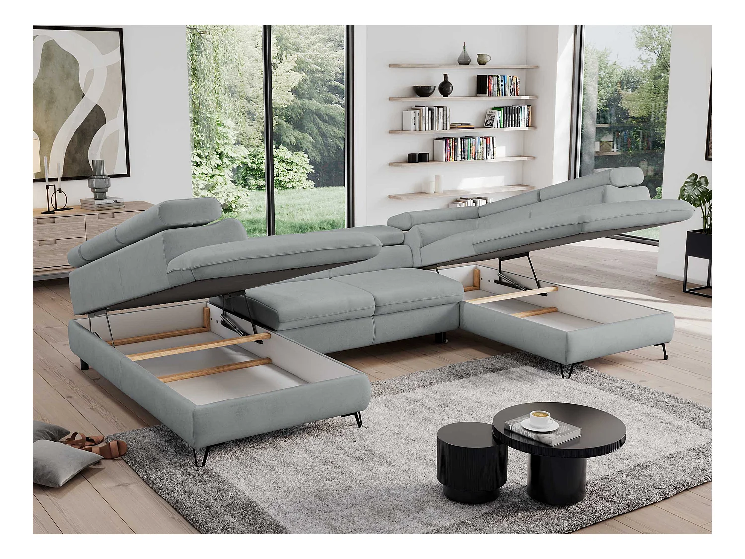 Ecksofa PEDRO U - XXL U-förmige Ecke, schlaffunktion und Bettkästen - Hellgrau Velvet