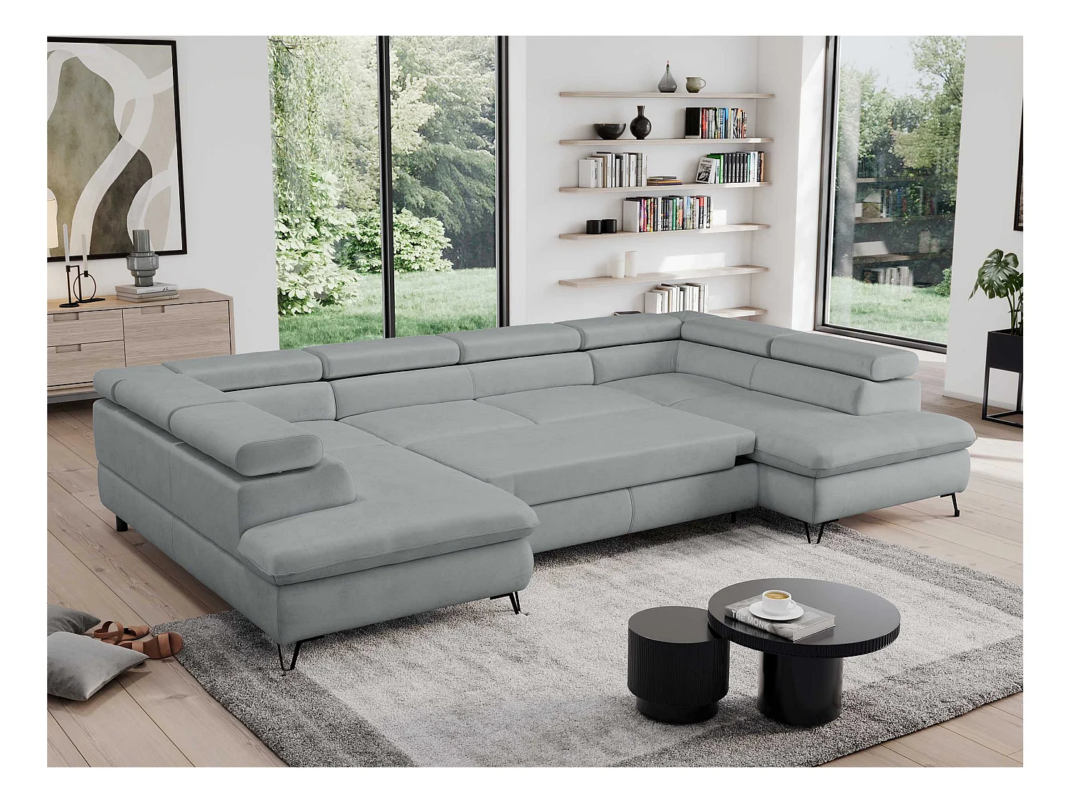 Ecksofa PEDRO U - XXL U-förmige Ecke, schlaffunktion und Bettkästen - Hellgrau Velvet