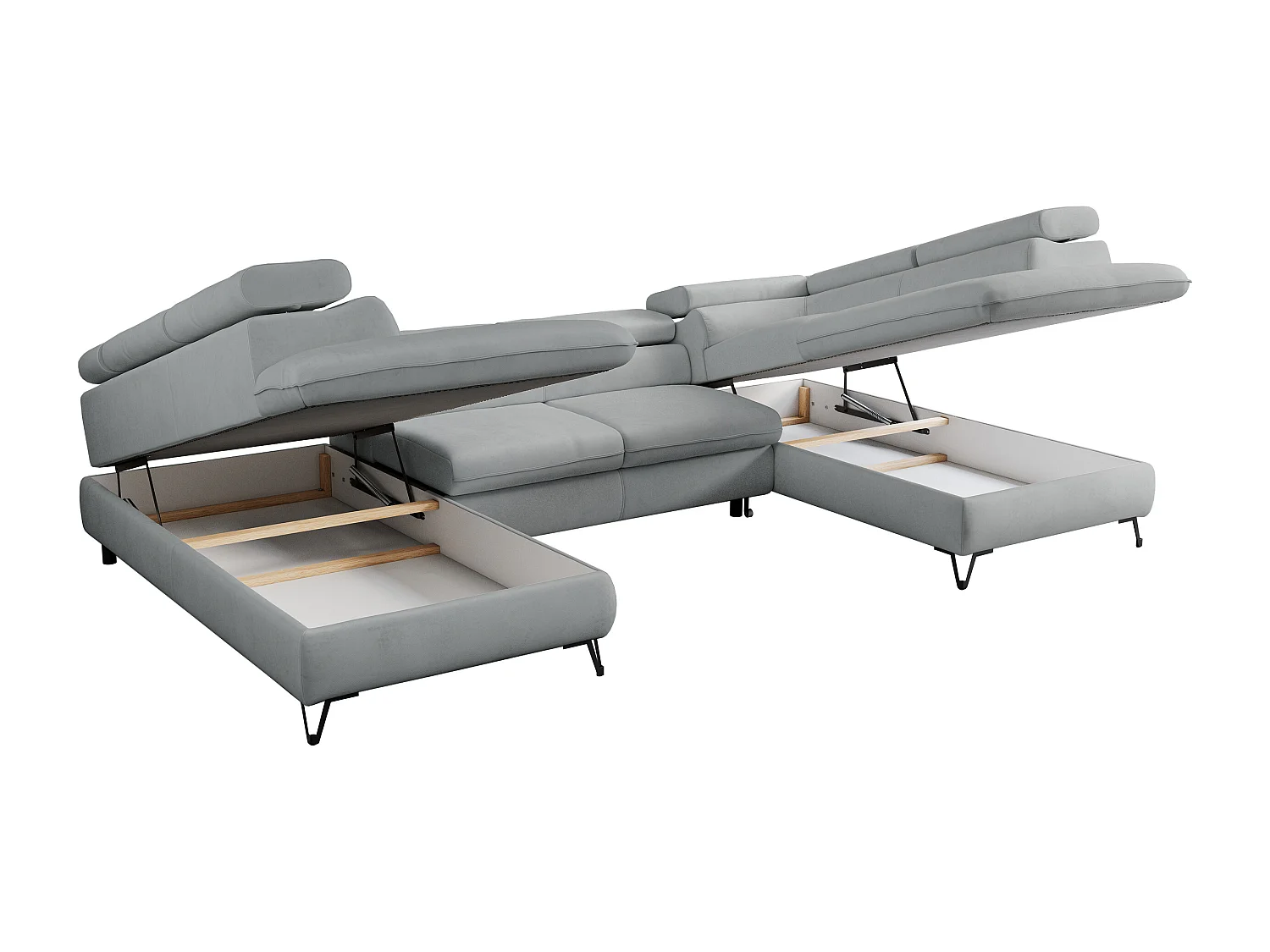 Ecksofa PEDRO U - XXL U-förmige Ecke, schlaffunktion und Bettkästen - Hellgrau Velvet