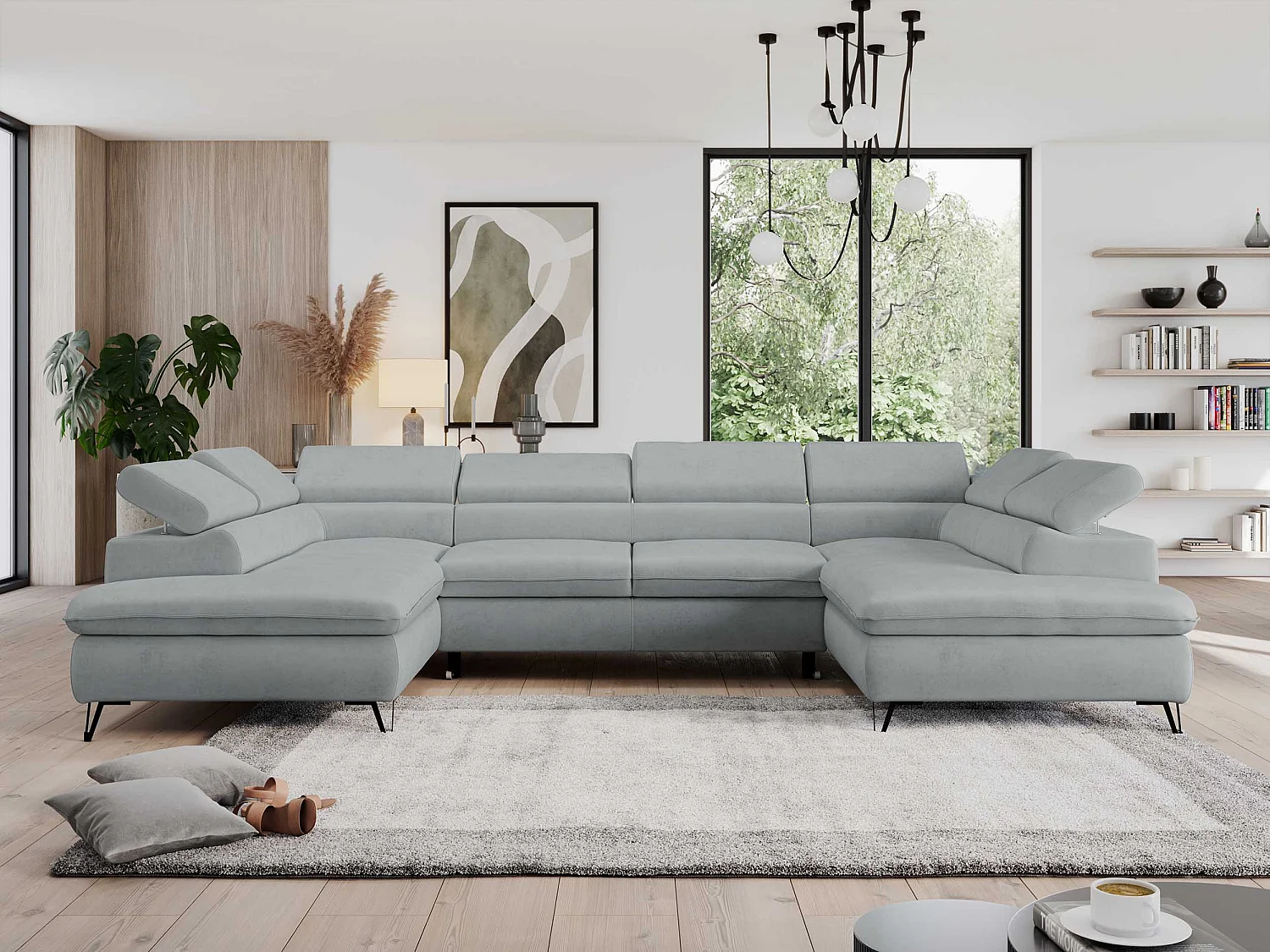 Ecksofa PEDRO U - XXL U-förmige Ecke, schlaffunktion und Bettkästen - Hellgrau Velvet