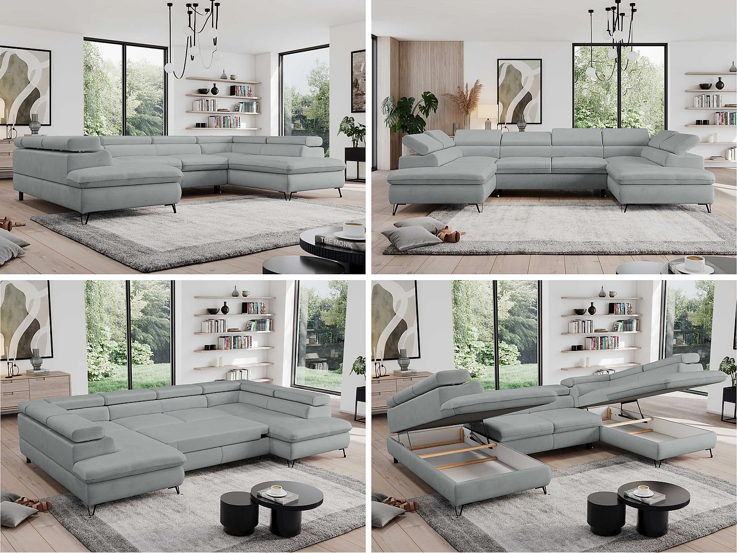 Ecksofa PEDRO U - XXL U-förmige Ecke, schlaffunktion und Bettkästen - Hellgrau Velvet