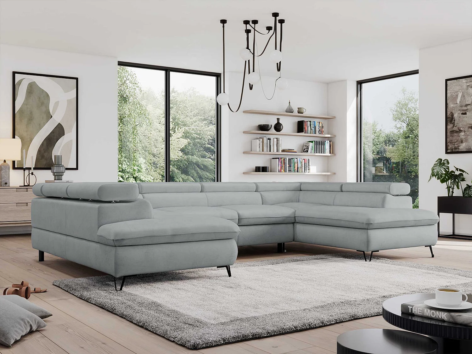 Ecksofa PEDRO U - XXL U-förmige Ecke, schlaffunktion und Bettkästen - Hellgrau Velvet