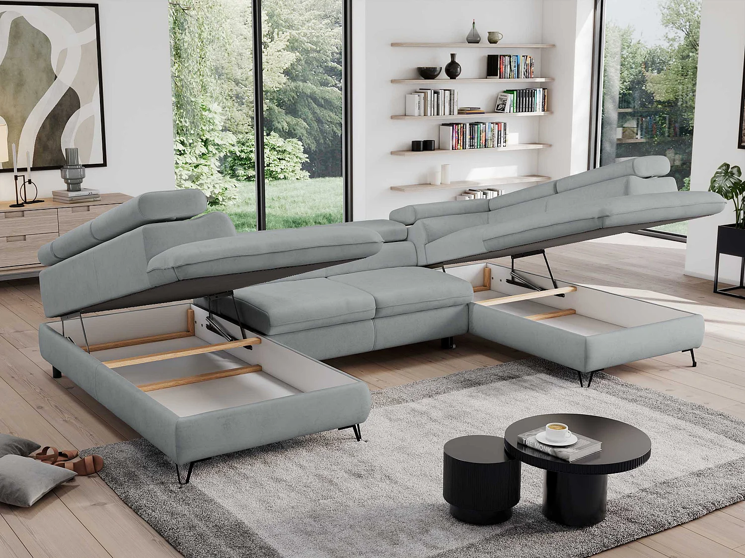 Ecksofa PEDRO U - XXL U-förmige Ecke, schlaffunktion und Bettkästen - Hellgrau Velvet