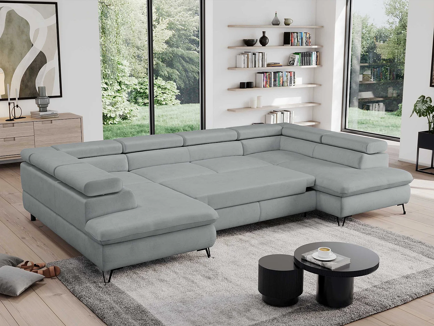 Ecksofa PEDRO U - XXL U-förmige Ecke, schlaffunktion und Bettkästen - Hellgrau Velvet