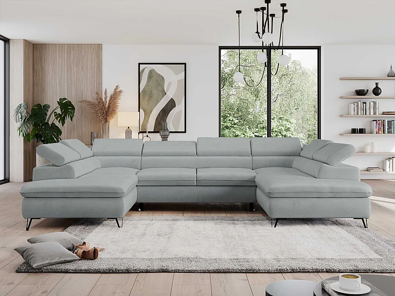 Ecksofa PEDRO U - XXL U-förmige Ecke, schlaffunktion und Bettkästen - Hellgrau Velvet