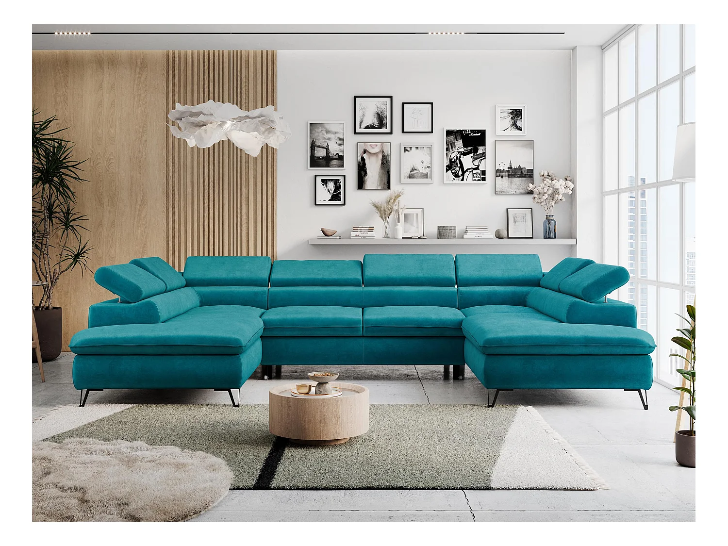 Ecksofa PETER U - schlaffunktion und Bettkästen, verstellbare Kopfstützen - Türkis Velvet