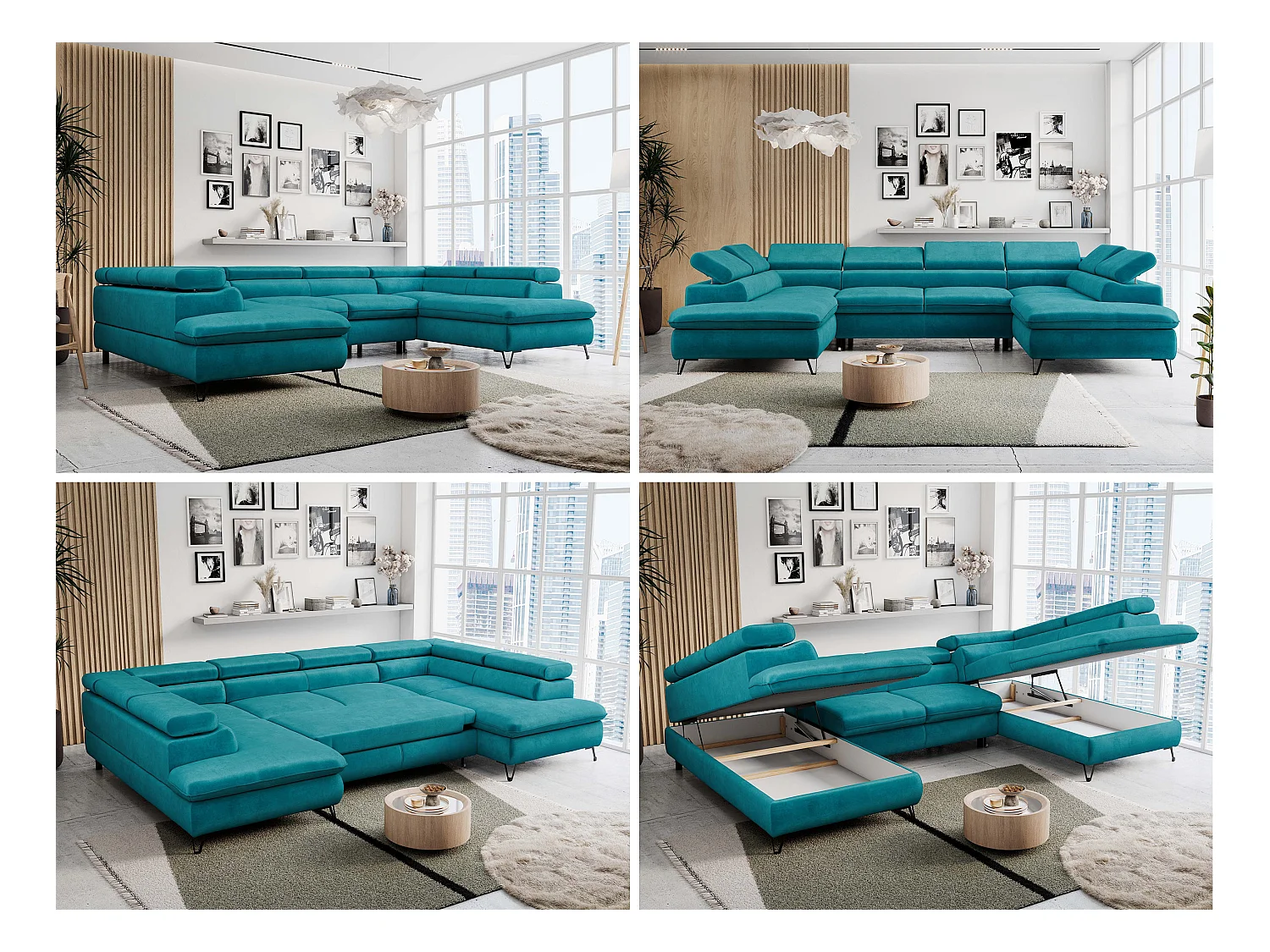 Ecksofa PETER U - schlaffunktion und Bettkästen, verstellbare Kopfstützen - Türkis Velvet