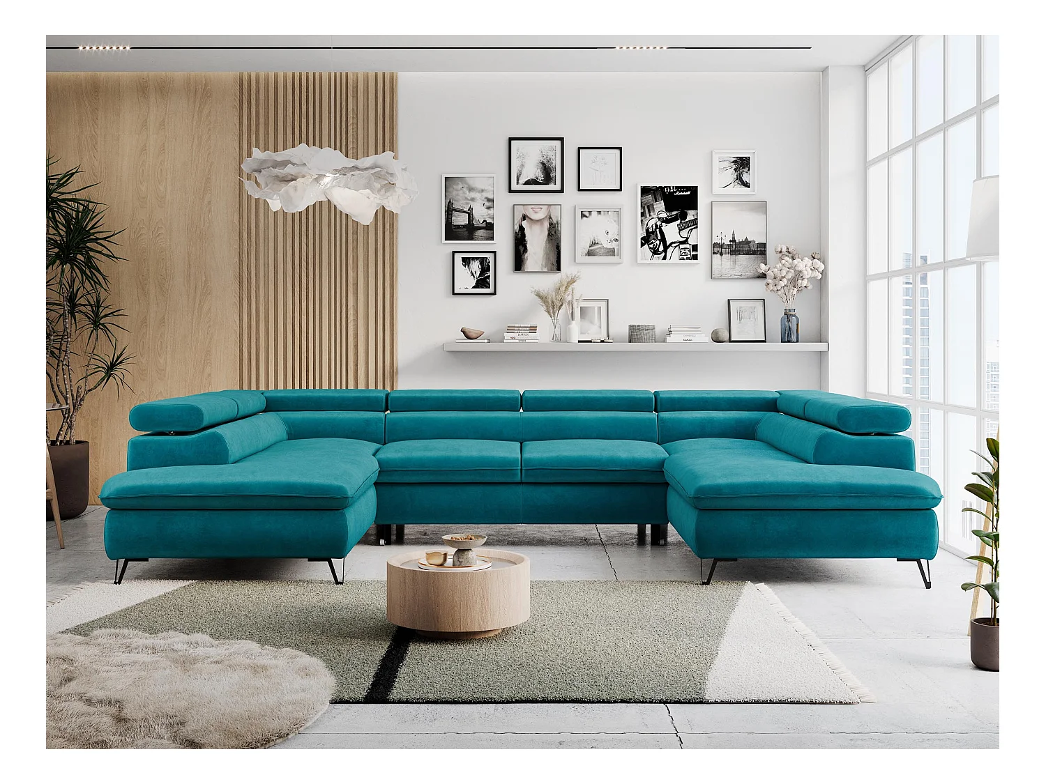 Ecksofa PETER U - schlaffunktion und Bettkästen, verstellbare Kopfstützen - Türkis Velvet