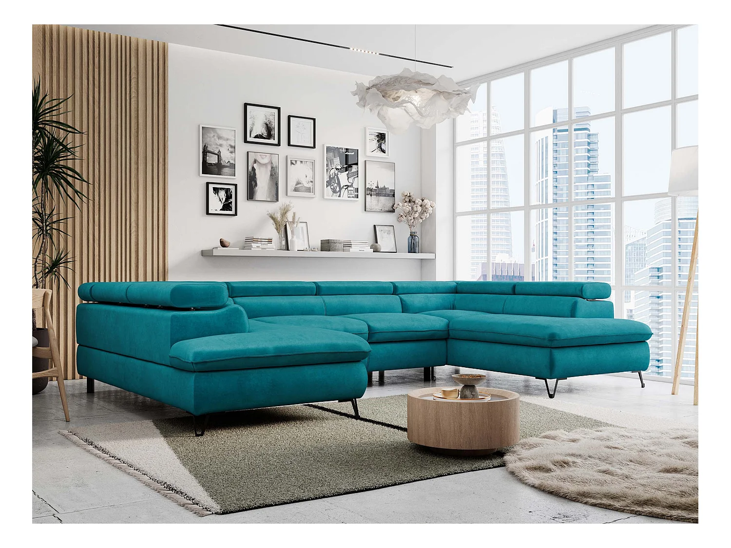 Ecksofa PETER U - schlaffunktion und Bettkästen, verstellbare Kopfstützen - Türkis Velvet