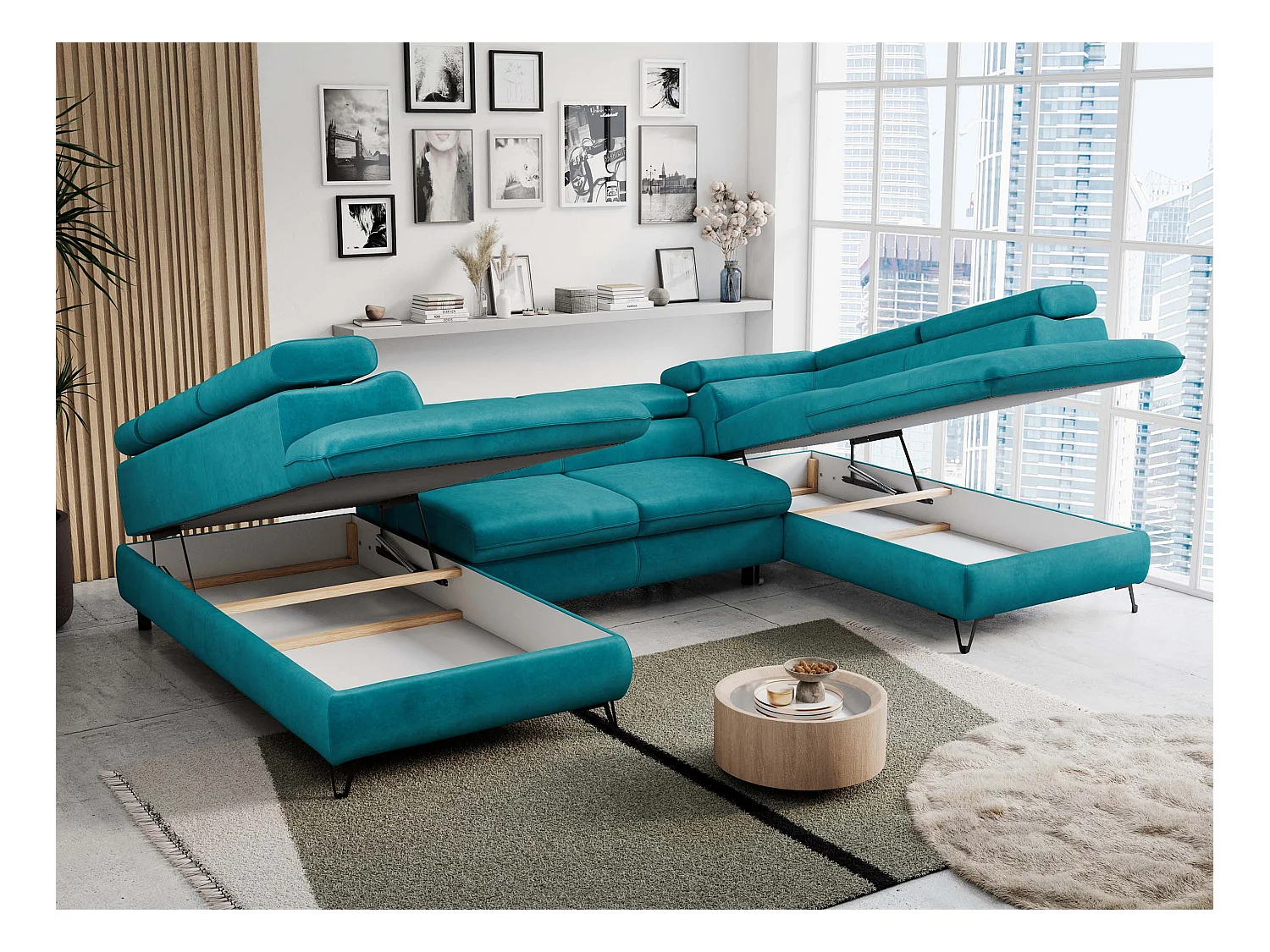 Ecksofa PETER U - schlaffunktion und Bettkästen, verstellbare Kopfstützen - Türkis Velvet