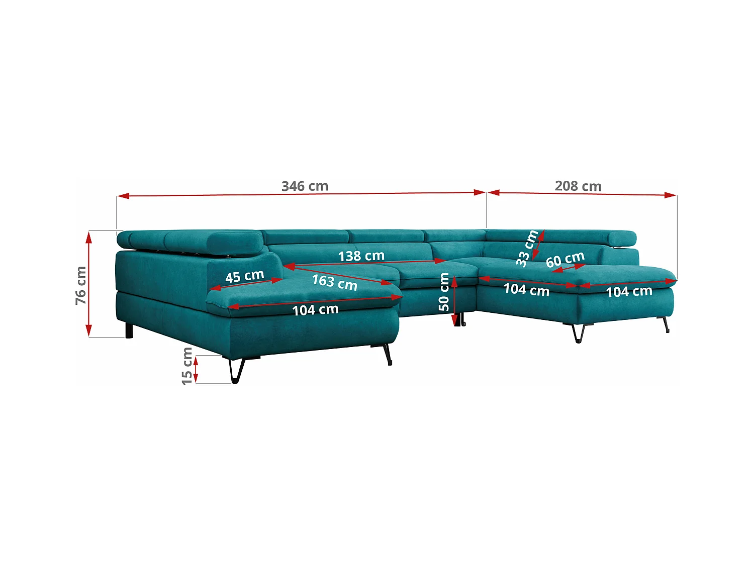 Ecksofa PETER U - schlaffunktion und Bettkästen, verstellbare Kopfstützen - Türkis Velvet
