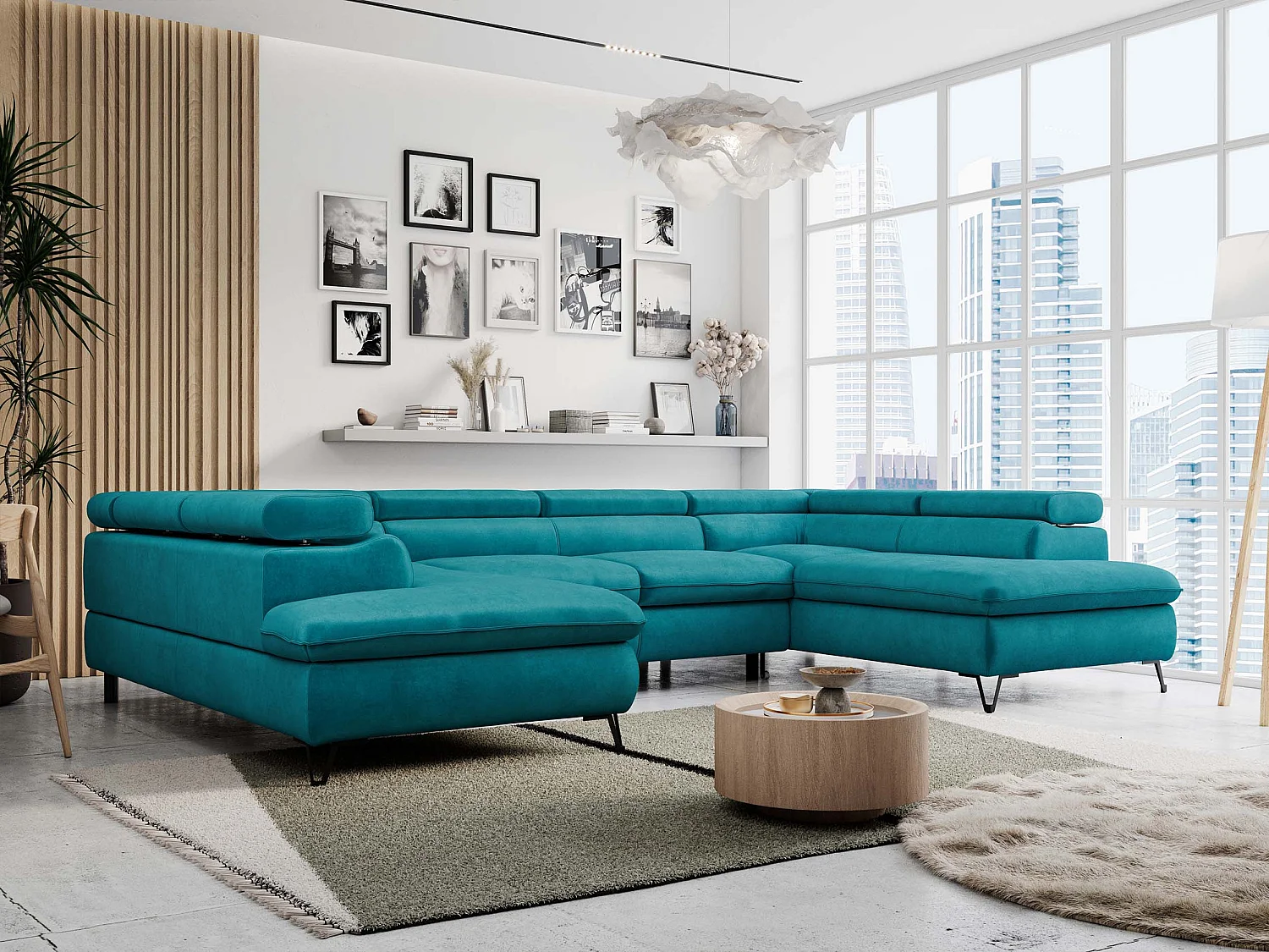 Ecksofa PETER U - schlaffunktion und Bettkästen, verstellbare Kopfstützen - Türkis Velvet