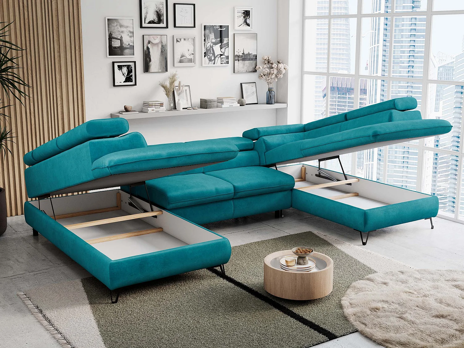 Ecksofa PETER U - schlaffunktion und Bettkästen, verstellbare Kopfstützen - Türkis Velvet