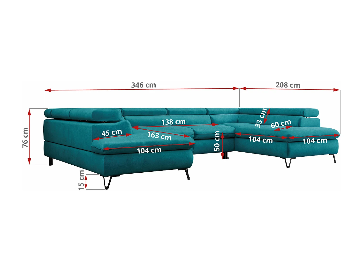 Ecksofa PETER U - schlaffunktion und Bettkästen, verstellbare Kopfstützen - Türkis Velvet