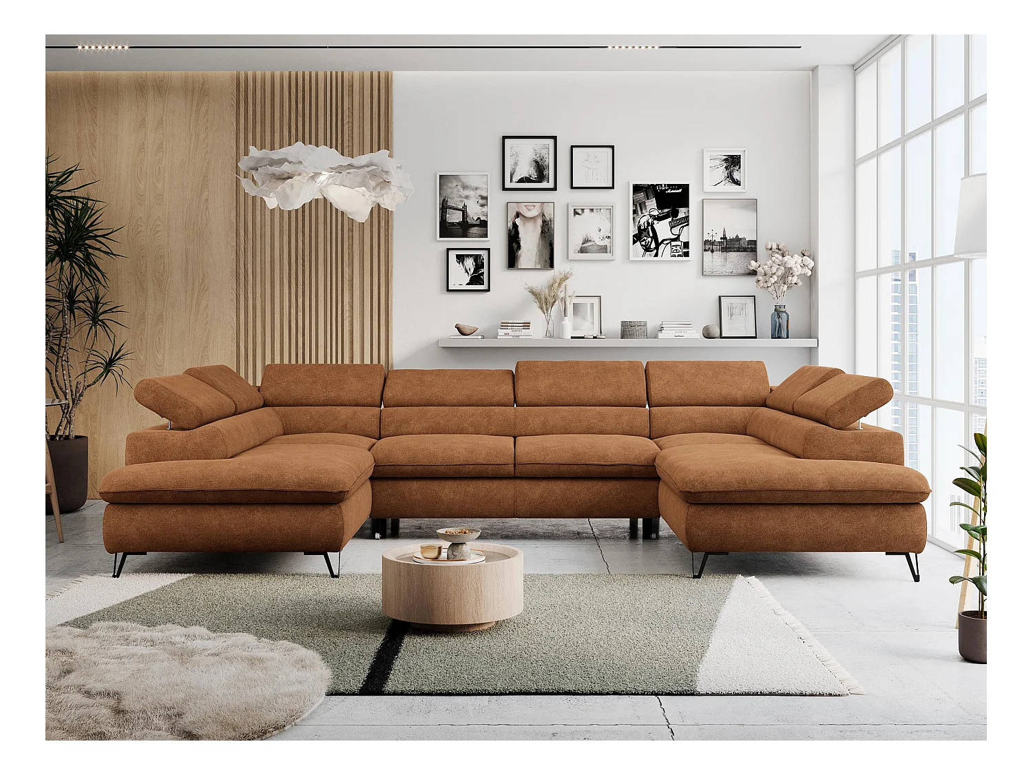 Ecksofa PETER U - schlaffunktion und Bettkästen, verstellbare Kopfstützen - Orange Stukture