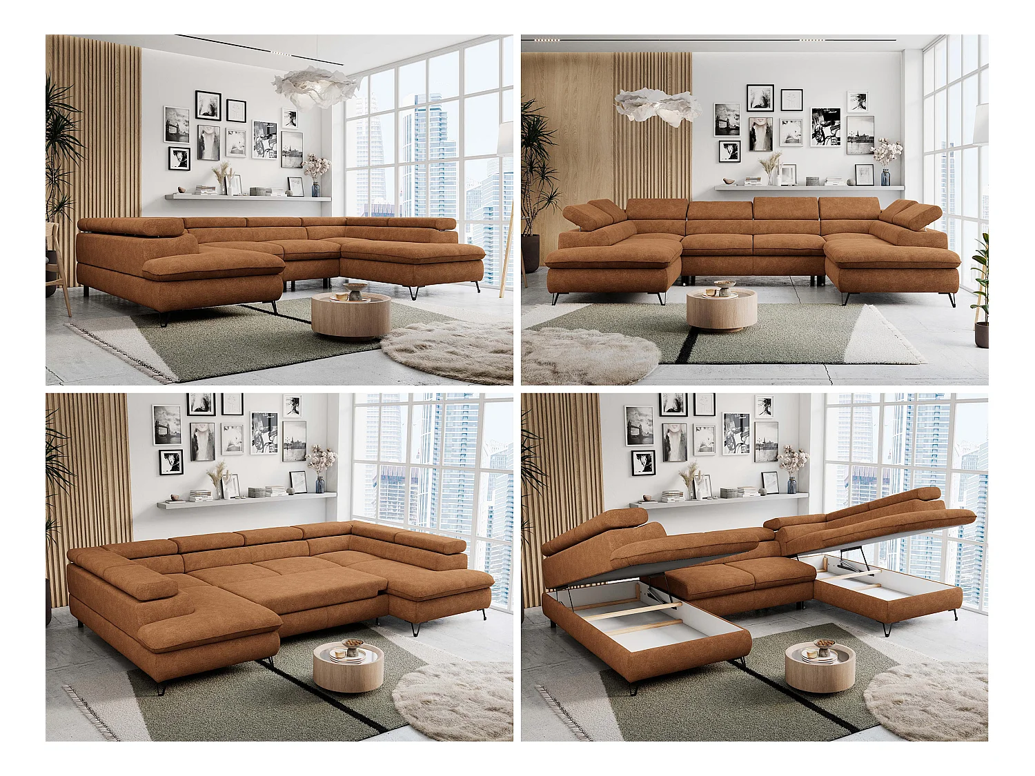 Ecksofa PETER U - schlaffunktion und Bettkästen, verstellbare Kopfstützen - Orange Stukture