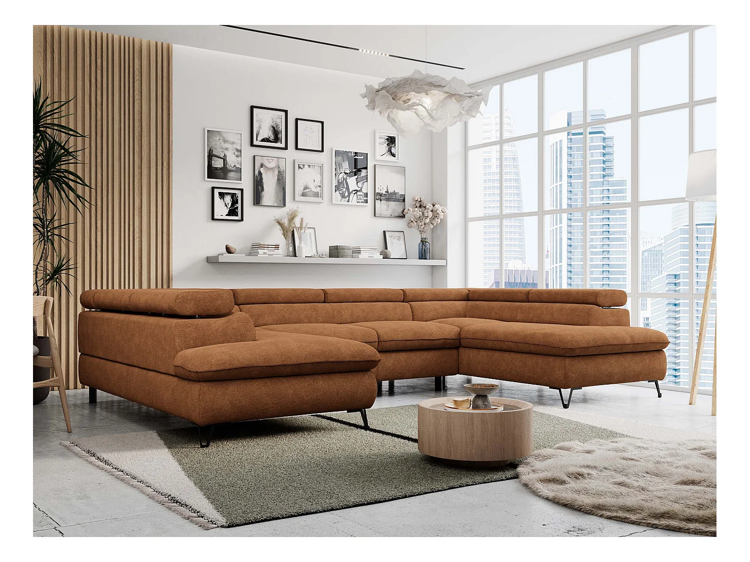 Ecksofa PETER U - schlaffunktion und Bettkästen, verstellbare Kopfstützen - Orange Stukture