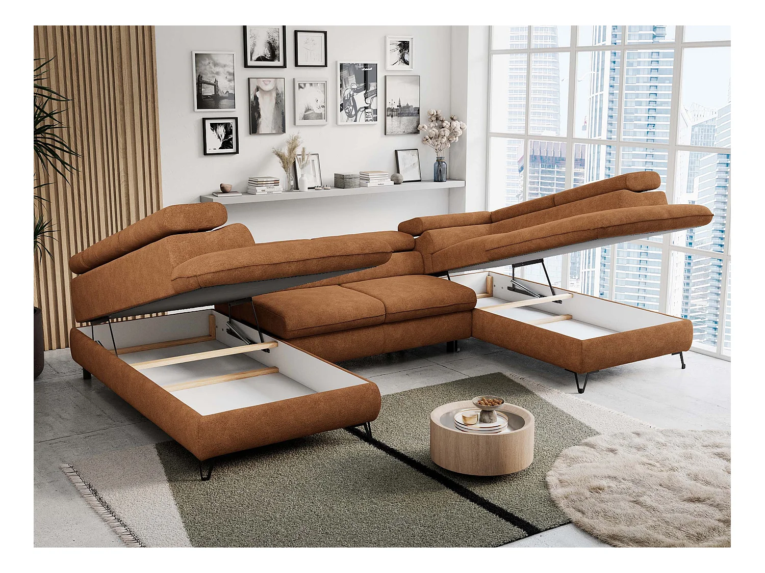 Ecksofa PETER U - schlaffunktion und Bettkästen, verstellbare Kopfstützen - Orange Stukture