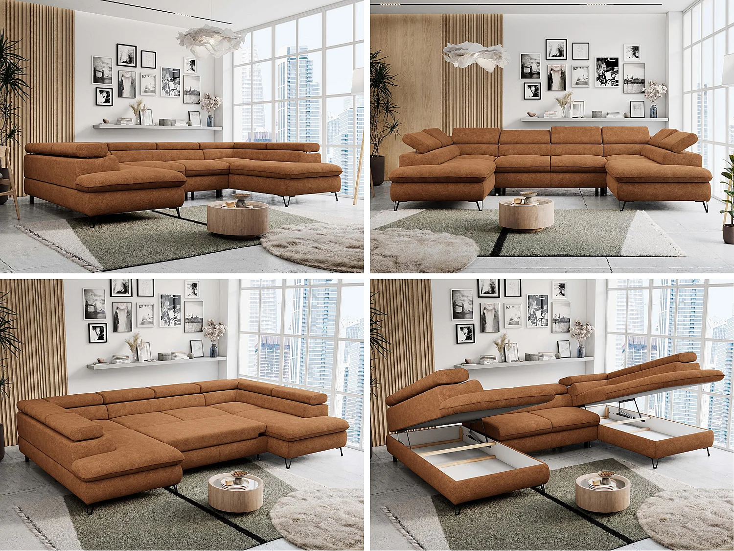 Ecksofa PETER U - schlaffunktion und Bettkästen, verstellbare Kopfstützen - Orange Stukture