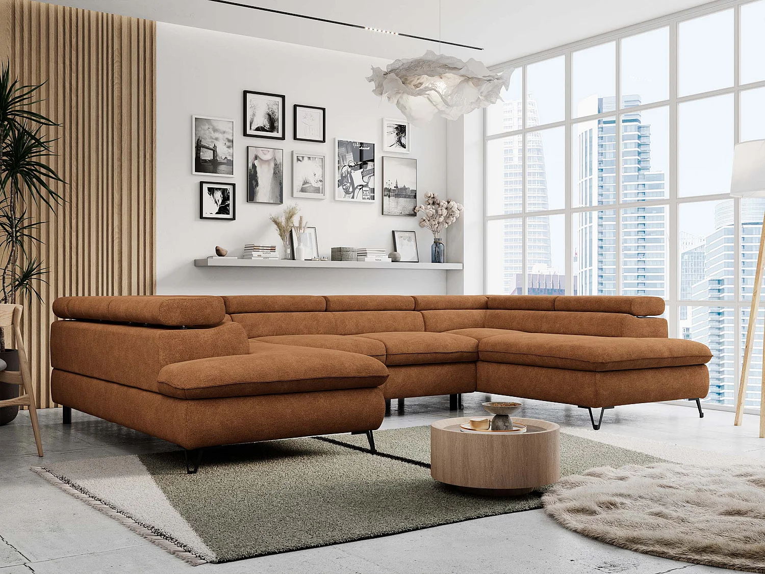 Ecksofa PETER U - schlaffunktion und Bettkästen, verstellbare Kopfstützen - Orange Stukture