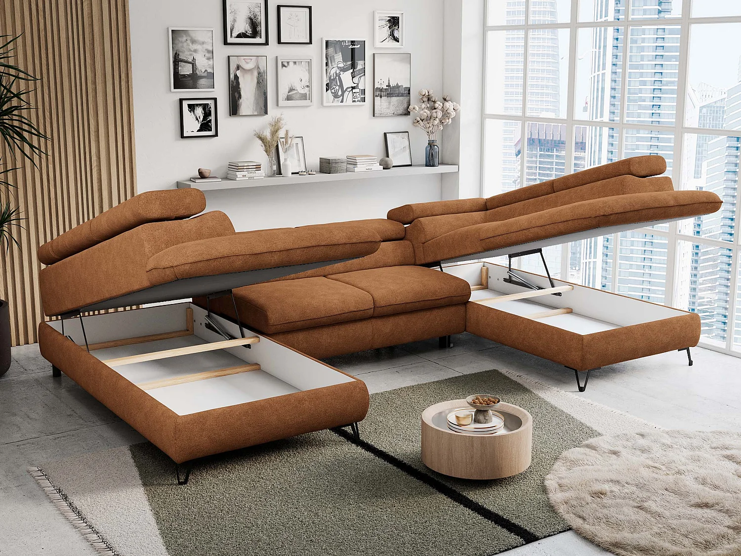 Ecksofa PETER U - schlaffunktion und Bettkästen, verstellbare Kopfstützen - Orange Stukture