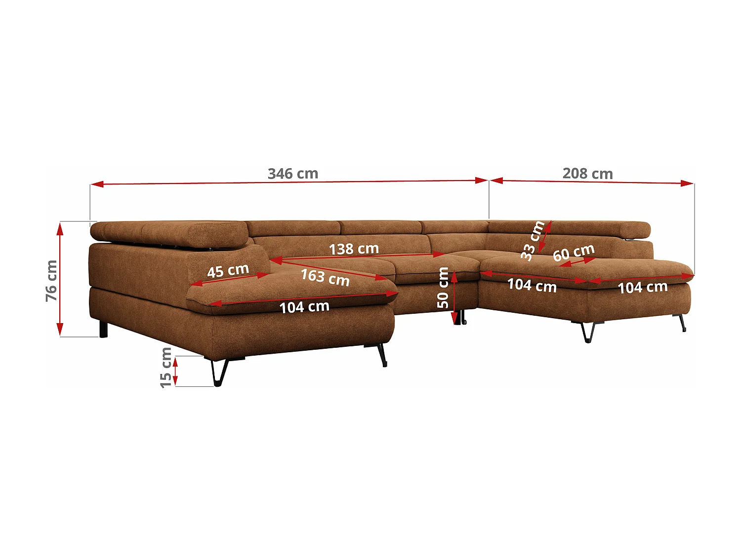 Ecksofa PETER U - schlaffunktion und Bettkästen, verstellbare Kopfstützen - Orange Stukture