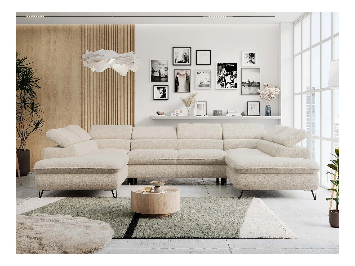 Ecksofa PETER U - schlaffunktion und Bettkästen, verstellbare Kopfstützen - Beige Boucle