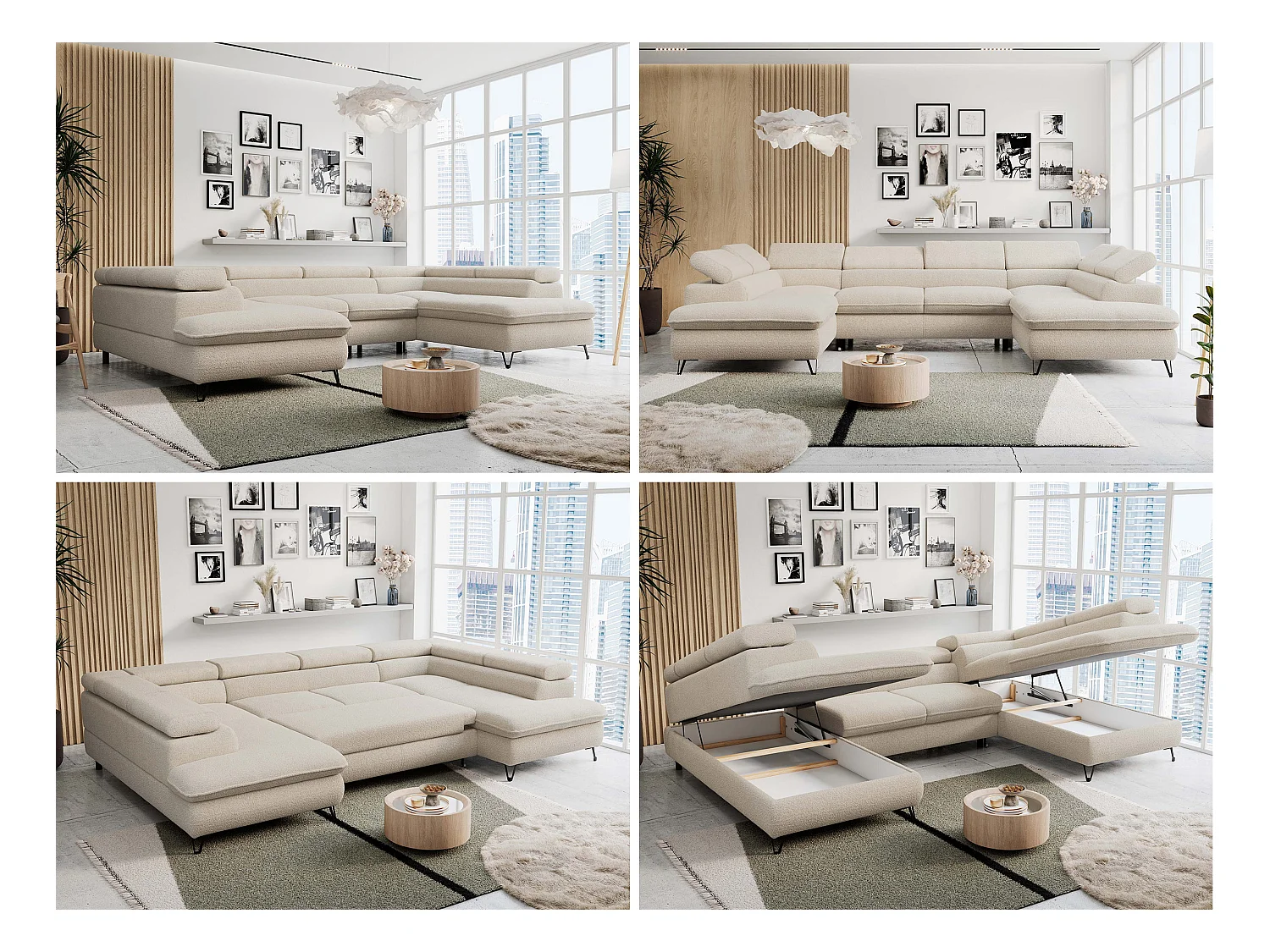 Ecksofa PETER U - schlaffunktion und Bettkästen, verstellbare Kopfstützen - Beige Boucle