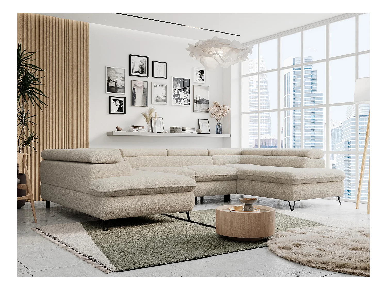 Ecksofa PETER U - schlaffunktion und Bettkästen, verstellbare Kopfstützen - Beige Boucle