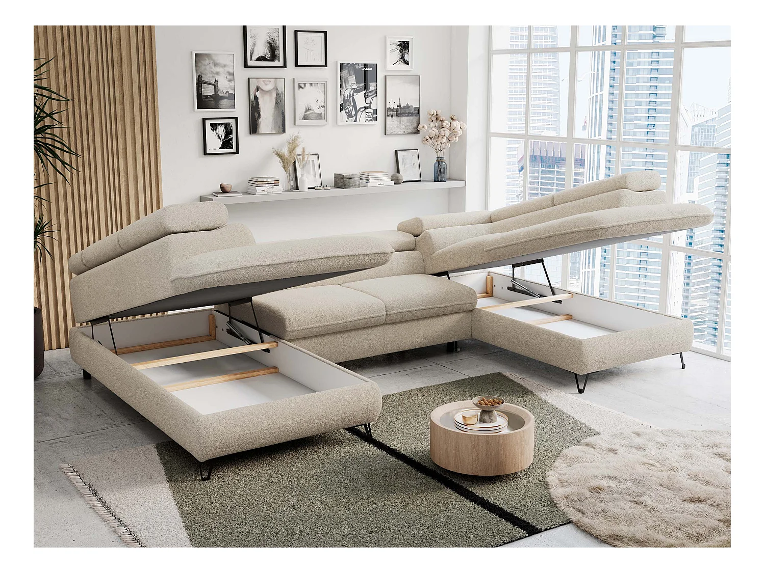 Ecksofa PETER U - schlaffunktion und Bettkästen, verstellbare Kopfstützen - Beige Boucle