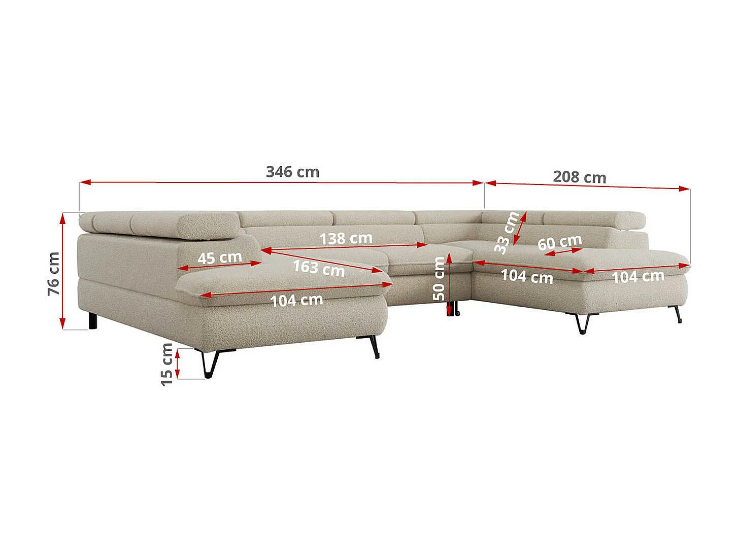 Ecksofa PETER U - schlaffunktion und Bettkästen, verstellbare Kopfstützen - Beige Boucle