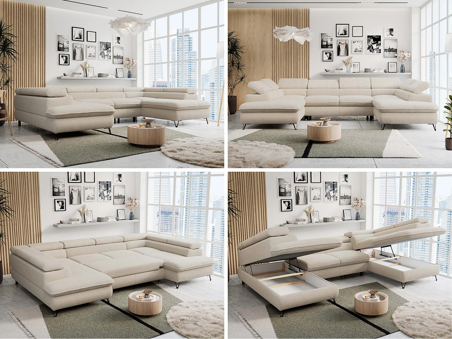 Ecksofa PETER U - schlaffunktion und Bettkästen, verstellbare Kopfstützen - Beige Boucle