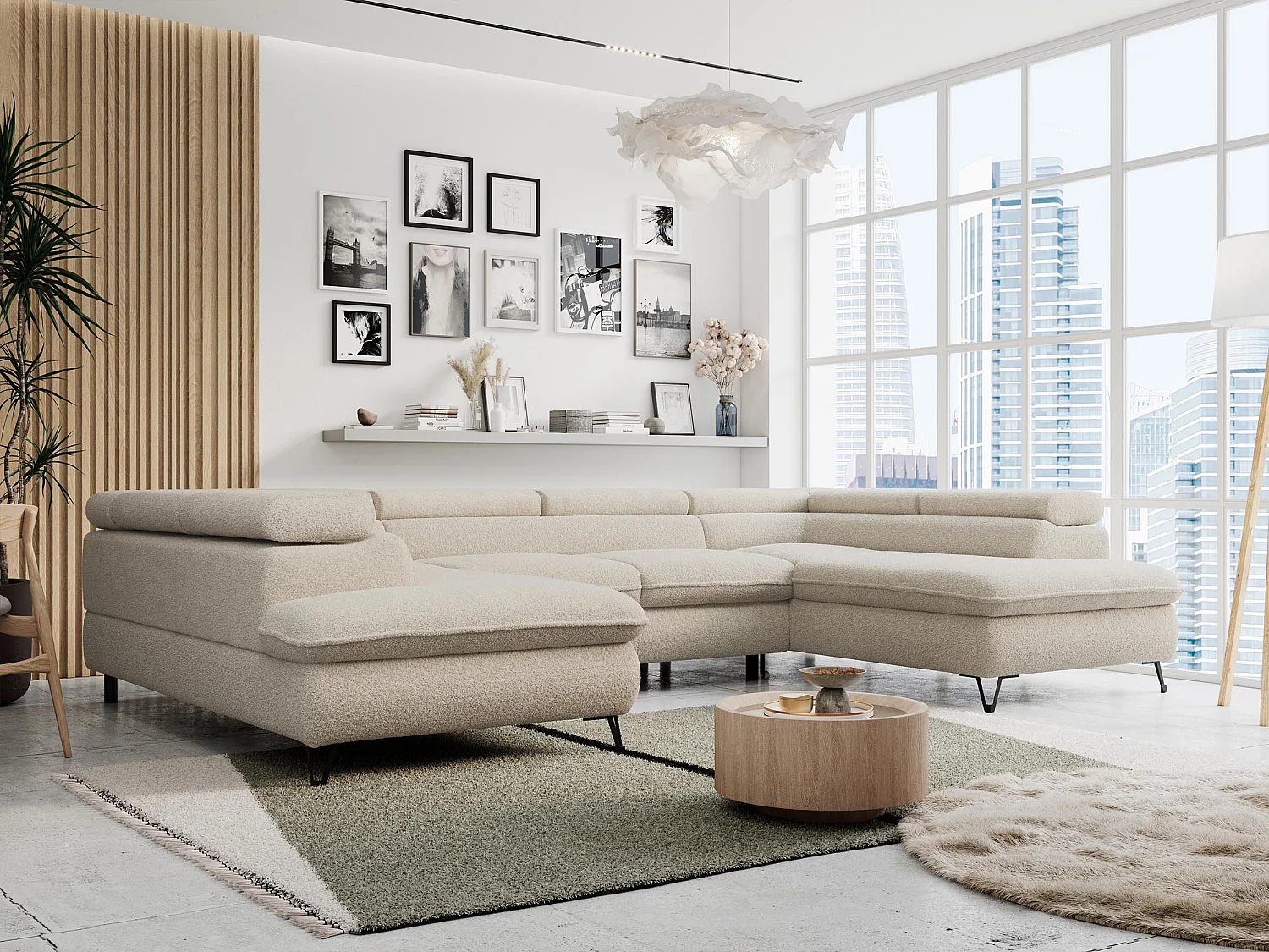 Ecksofa PETER U - schlaffunktion und Bettkästen, verstellbare Kopfstützen - Beige Boucle
