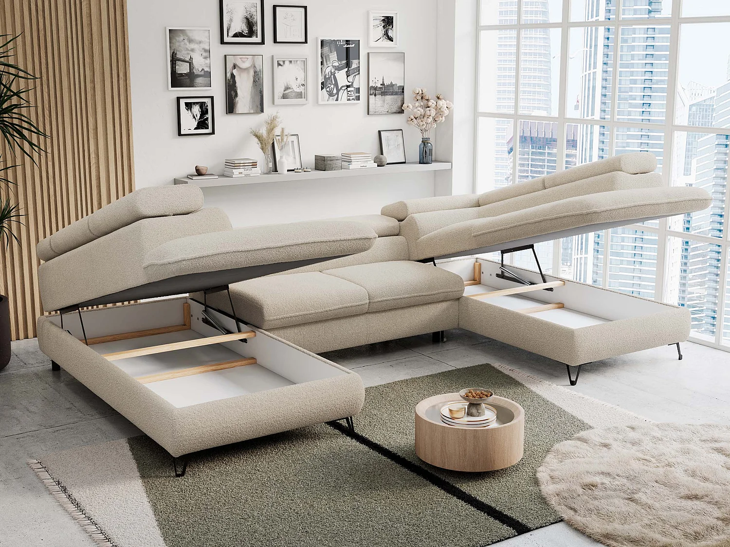 Ecksofa PETER U - schlaffunktion und Bettkästen, verstellbare Kopfstützen - Beige Boucle