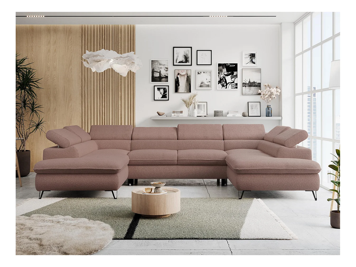 Ecksofa PETER U - schlaffunktion und Bettkästen, verstellbare Kopfstützen - Rosa Boucle